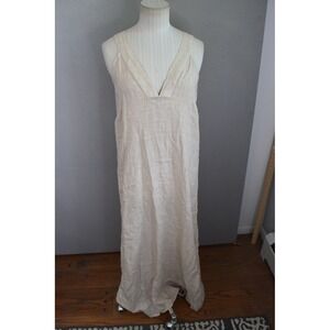 Anna Melani Maxi Dress Large Beige 100% Linen V-Neck Italy Summer Boho Lagenlook